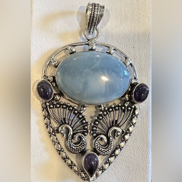 RARE!! Gorgeous 925 Sterling Silver Pendant w/Rare Larimar & Amethyst Stones EUC - Picture 1 of 3